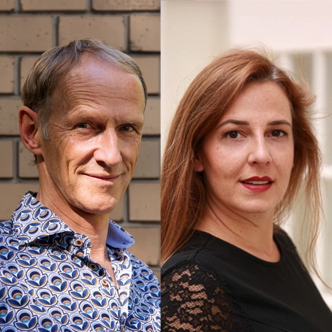 Split-screen portraits: man on the left in a patterned blue shirt, brick wall behind him; woman on the right with red hair and black lace-sleeve top.
