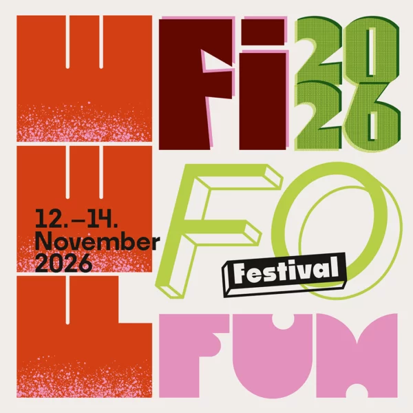 Bold, colorful festival poster featuring large orange 'WIEN' blocks, green '2023', a green 'F' motif, and the word 'Festival' with the date '12.–14. November 2026'.