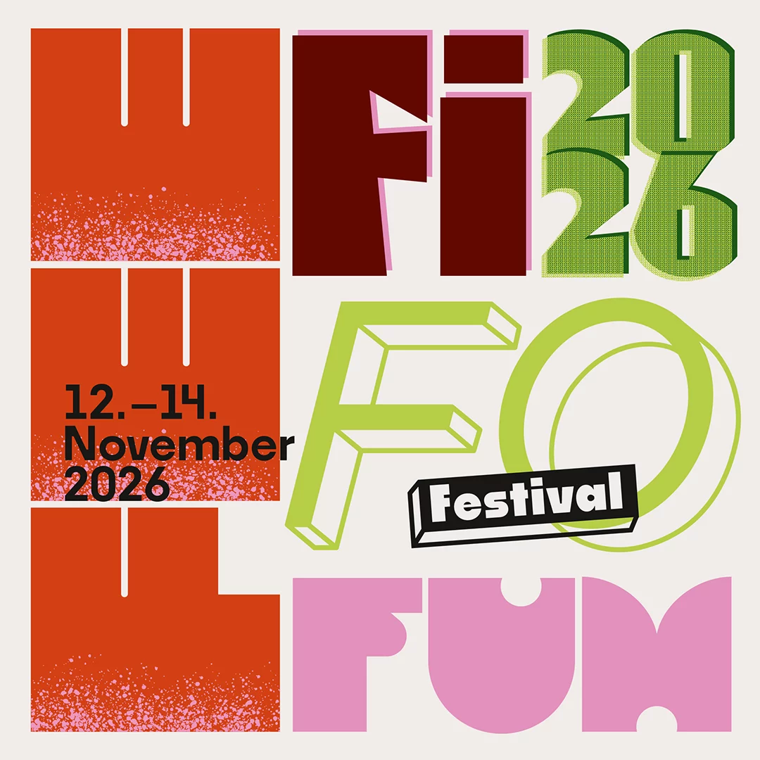 Bold, colorful festival poster featuring large orange 'WIEN' blocks, green '2023', a green 'F' motif, and the word 'Festival' with the date '12.–14. November 2026'.