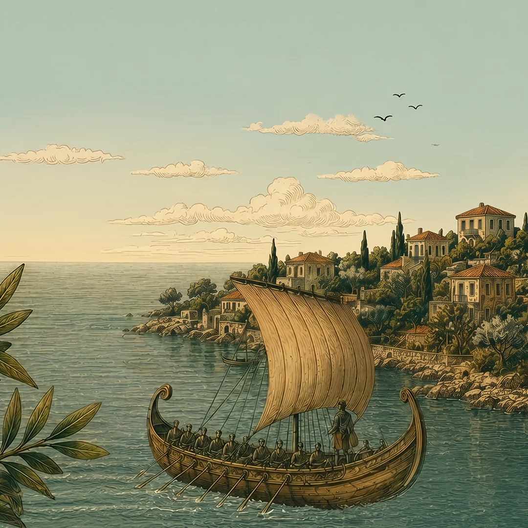 Ancient-style wooden ship with many rowers on a calm sea near a hillside village and cypress trees under a pale sky.