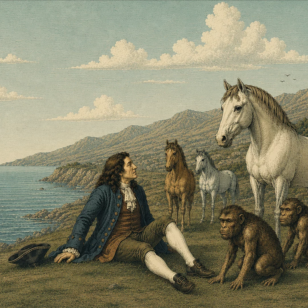 Man in 18th‑century clothing sits on the grassy coastline beside several horses and a few apes; sea and hills in the distance.