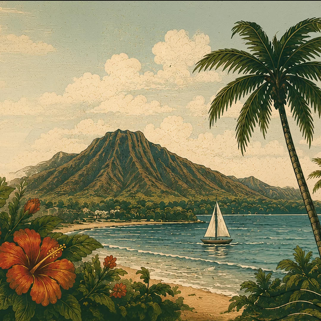 Tropical beach scene with palm trees, a distant volcano, and a sails boat on calm blue water.